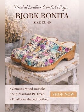 Bjork Bonita Wood Open Back Leather Clogs Printed EU 40
